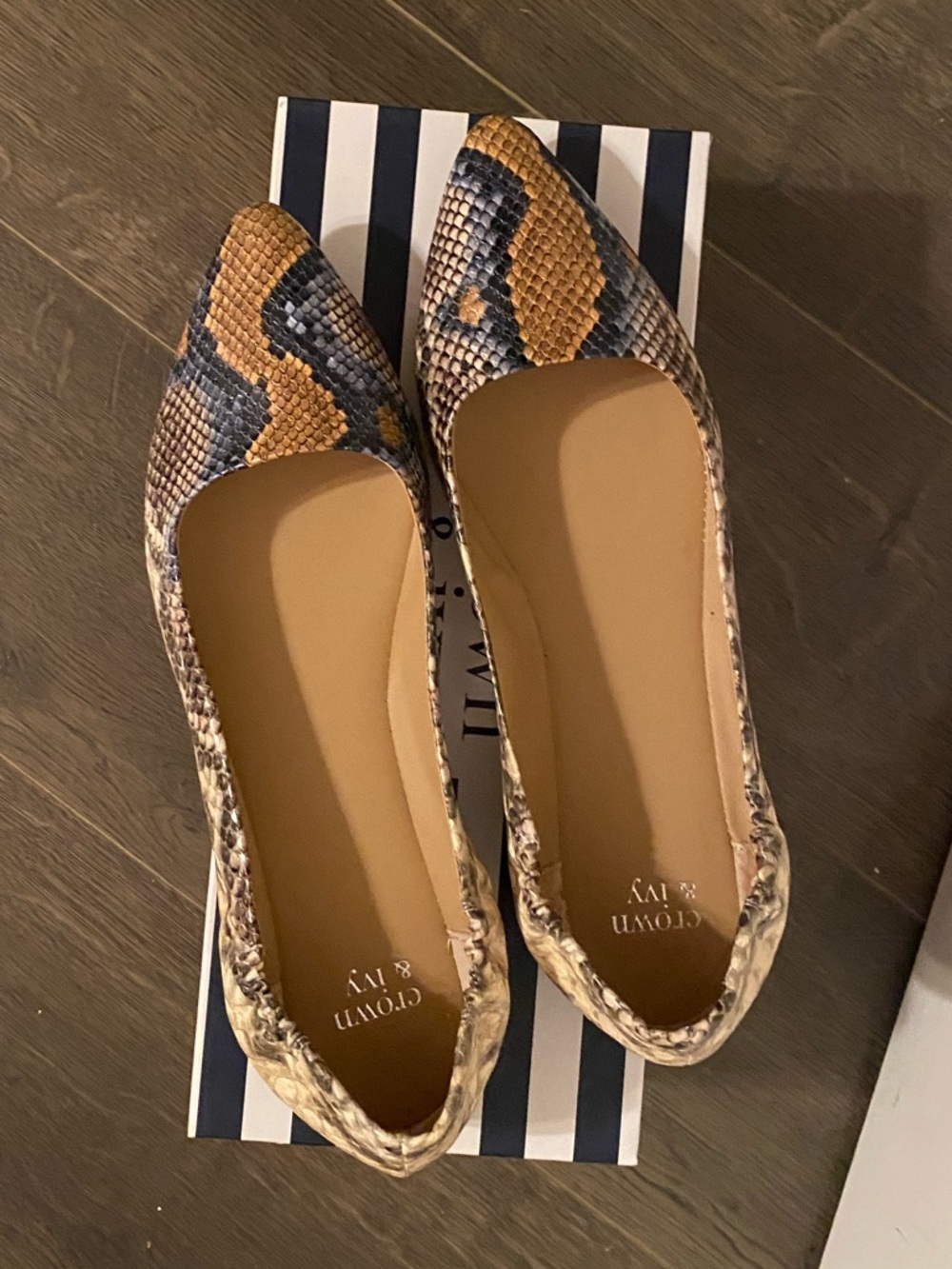 crown & ivy Snake-Print Pointed Toe Flats in Tan and Brown - Picture 3 of 8